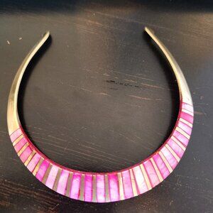 Vintage brass collar necklace from India with pink mother-of-pearl inlay